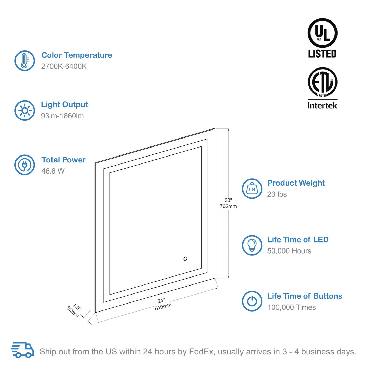 Blossom Lyra, Versatile LED Bathroom Mirror with Touch Control and Built-In Defogger