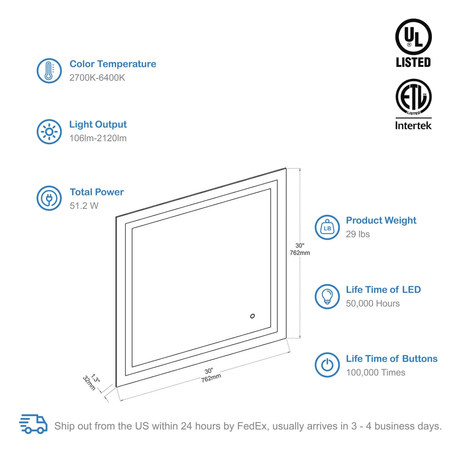 Blossom Lyra, Versatile LED Bathroom Mirror with Touch Control and Built-In Defogger