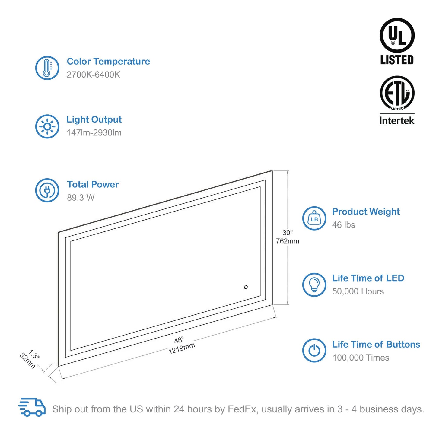 Blossom Lyra, Versatile LED Bathroom Mirror with Touch Control and Built-In Defogger