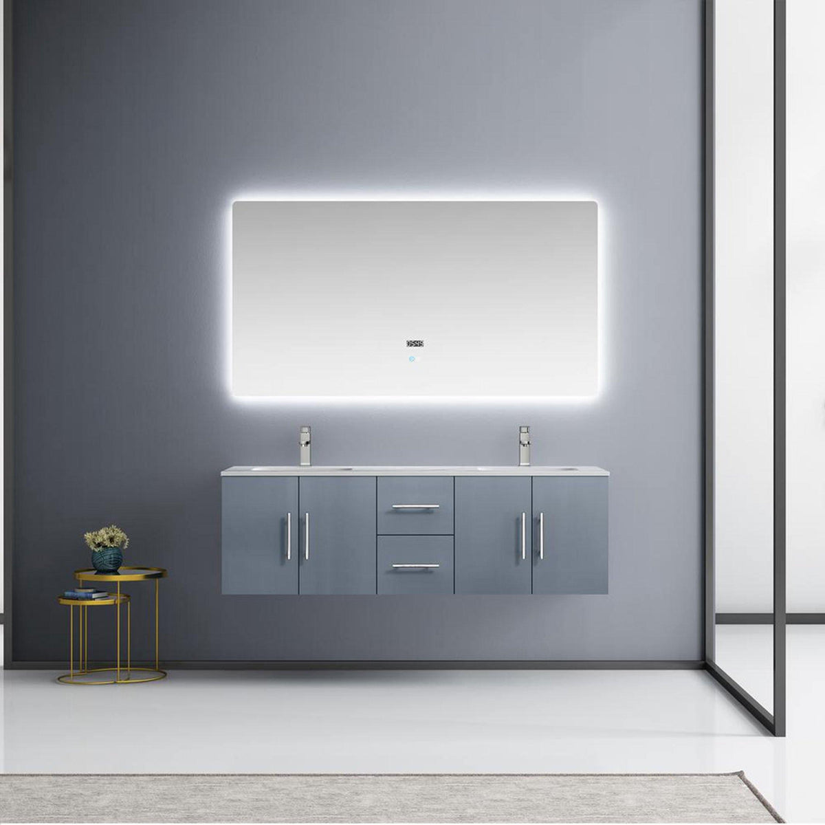 Geneva 60" Glossy White, Dark Grey or Navy Blue Double Vanity, available with White Carrara Marble Top, White Square Sink, 60" LED Mirror and Faucet - The Bath Vanities