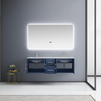 Geneva 60" Glossy White, Dark Grey or Navy Blue Double Vanity, available with White Carrara Marble Top, White Square Sink, 60" LED Mirror and Faucet - The Bath Vanities