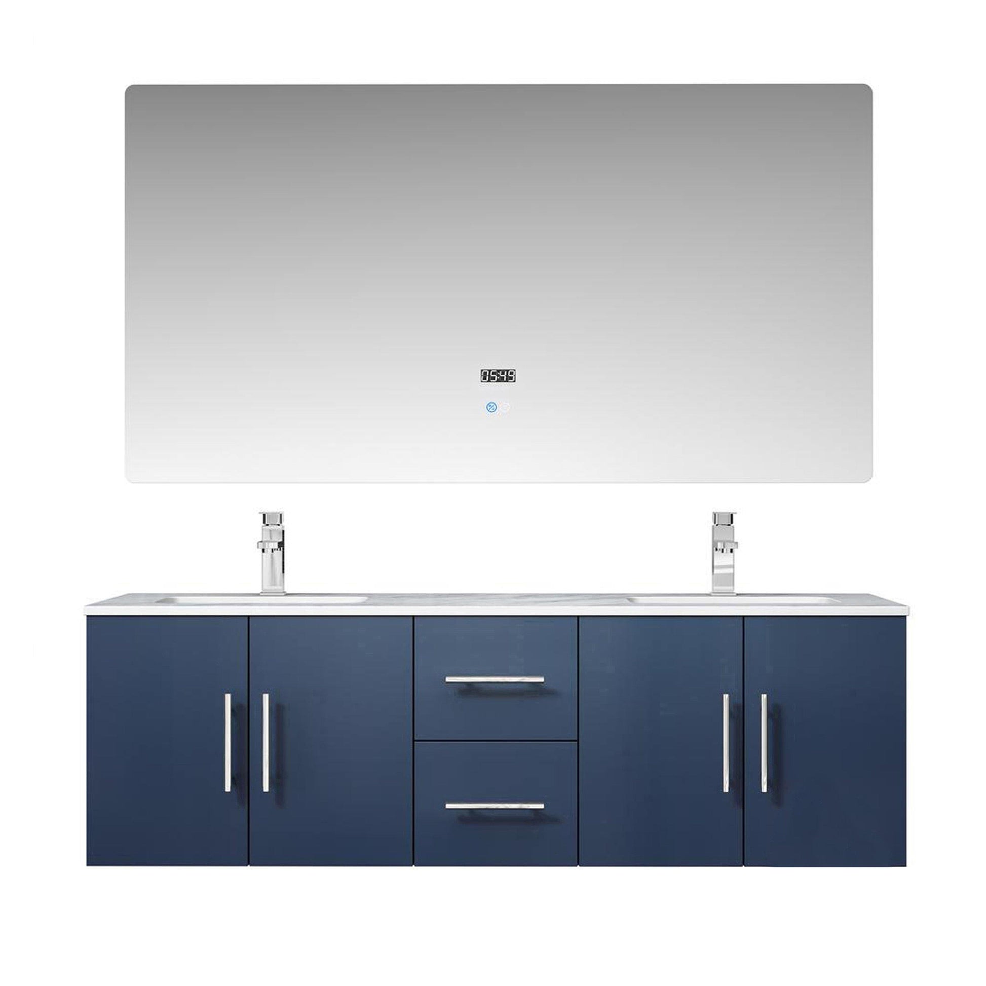 Geneva 60" Glossy White, Dark Grey or Navy Blue Double Vanity, available with White Carrara Marble Top, White Square Sink, 60" LED Mirror and Faucet - The Bath Vanities