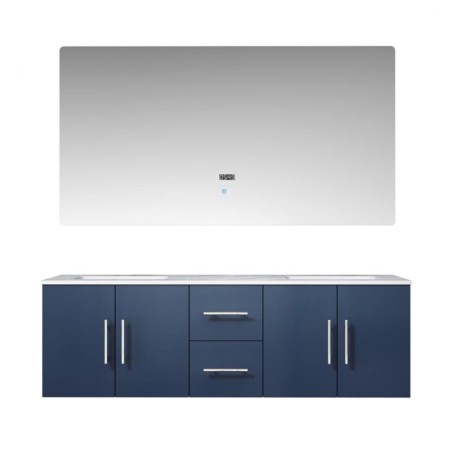 Geneva 60" Glossy White, Dark Grey or Navy Blue Double Vanity, available with White Carrara Marble Top, White Square Sink, 60" LED Mirror and Faucet - The Bath Vanities