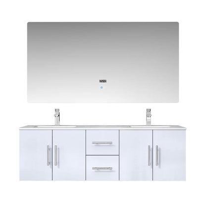 Geneva 60" Glossy White, Dark Grey or Navy Blue Double Vanity, available with White Carrara Marble Top, White Square Sink, 60" LED Mirror and Faucet - The Bath Vanities