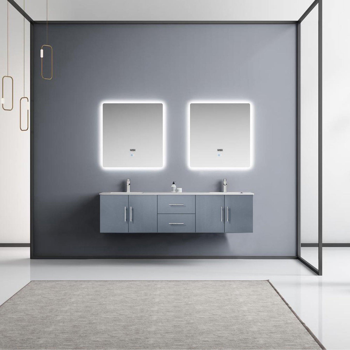 Geneva 72" Glossy White, Dark Grey or Navy Blue Double Vanity, available with White Carrara Marble Top, White Square Sink, 30" LED Mirror and Faucet - The Bath Vanities