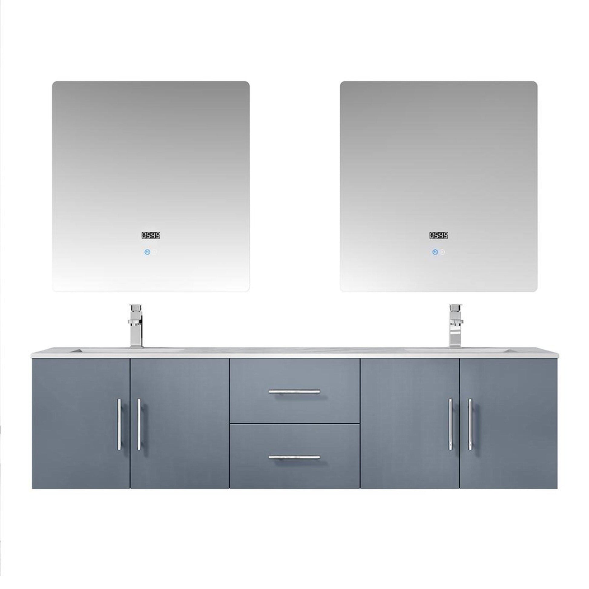 Geneva 72" Glossy White, Dark Grey or Navy Blue Double Vanity, available with White Carrara Marble Top, White Square Sink, 30" LED Mirror and Faucet - The Bath Vanities