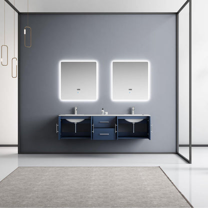 Geneva 72" Glossy White, Dark Grey or Navy Blue Double Vanity, available with White Carrara Marble Top, White Square Sink, 30" LED Mirror and Faucet - The Bath Vanities