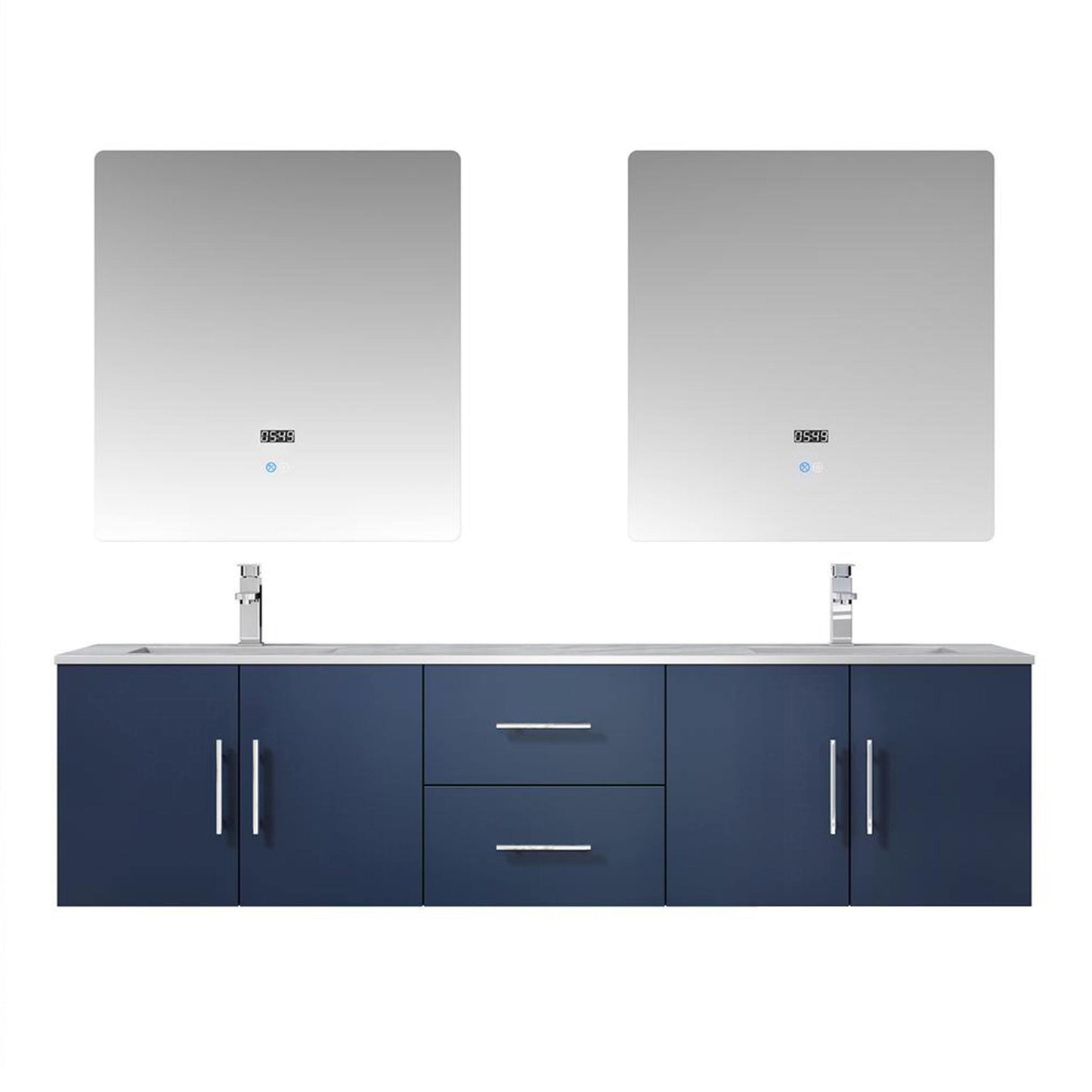 Geneva 72" Glossy White, Dark Grey or Navy Blue Double Vanity, available with White Carrara Marble Top, White Square Sink, 30" LED Mirror and Faucet - The Bath Vanities