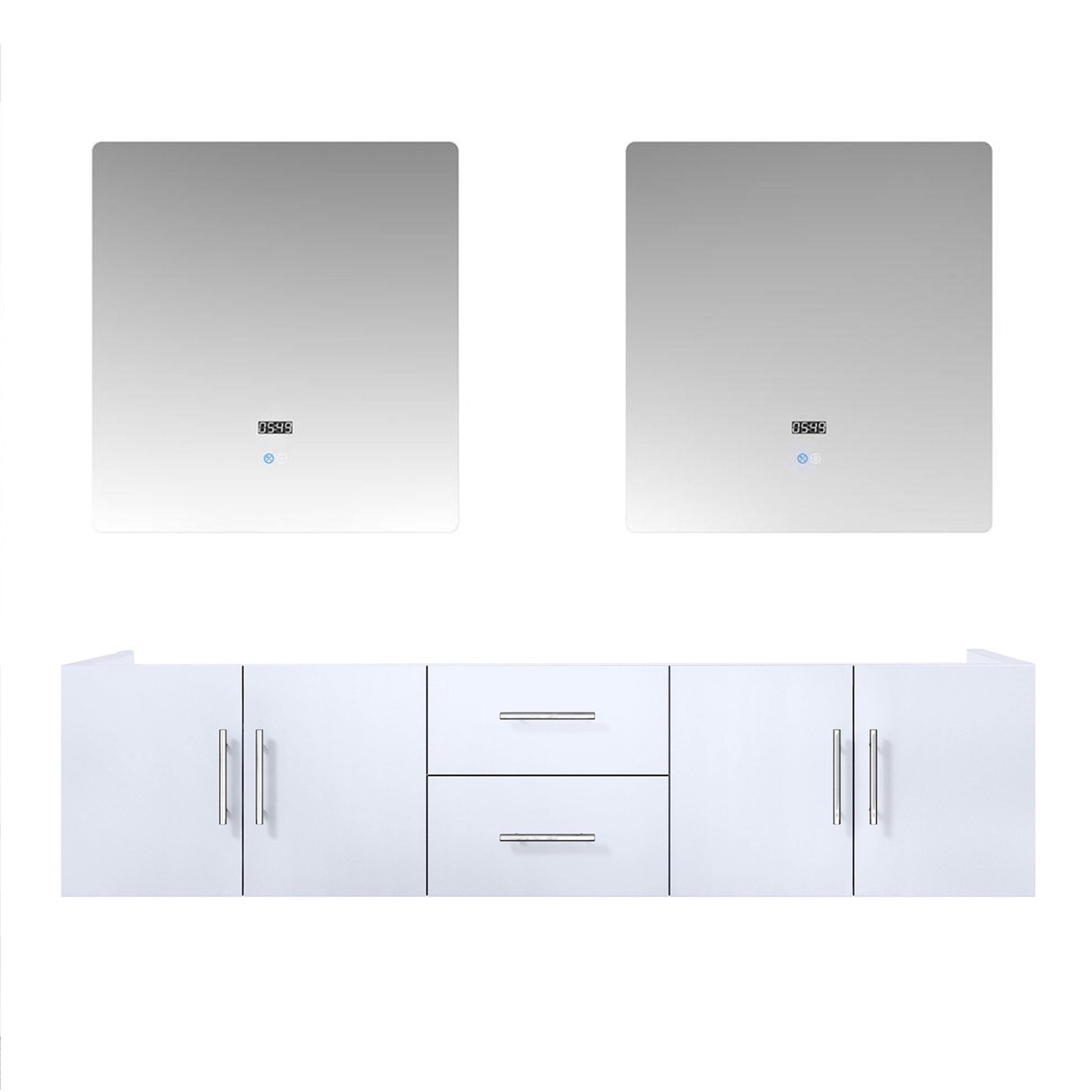 Geneva 72" Glossy White, Dark Grey or Navy Blue Double Vanity, available with White Carrara Marble Top, White Square Sink, 30" LED Mirror and Faucet - The Bath Vanities