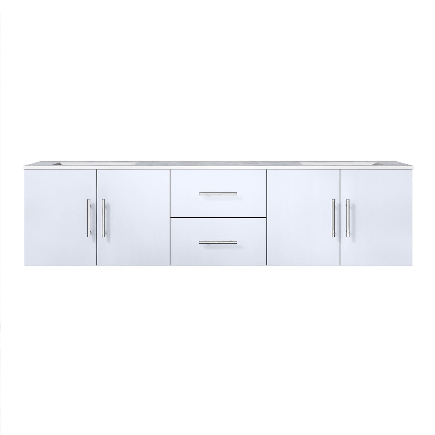 Geneva 72" Glossy White, Dark Grey or Navy Blue Double Vanity, available with White Carrara Marble Top, White Square Sink, 30" LED Mirror and Faucet - The Bath Vanities