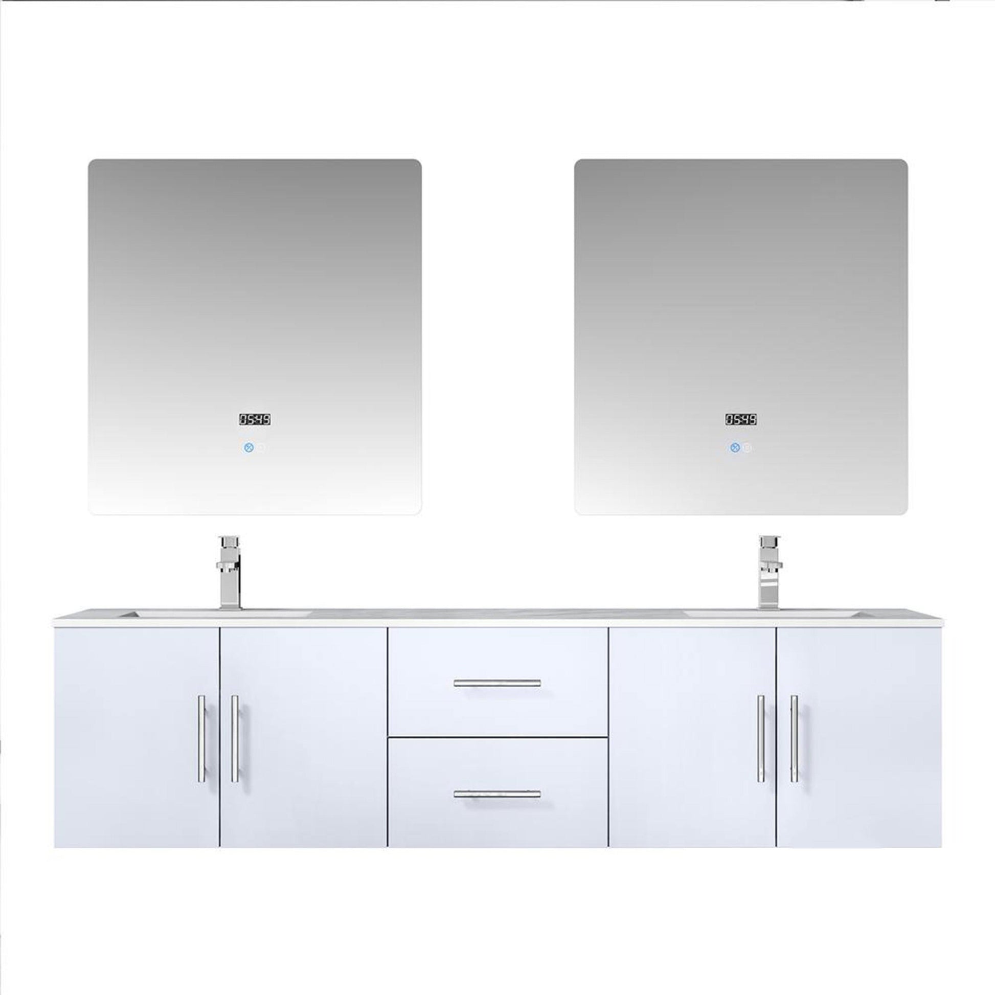 Geneva 72" Glossy White, Dark Grey or Navy Blue Double Vanity, available with White Carrara Marble Top, White Square Sink, 30" LED Mirror and Faucet - The Bath Vanities