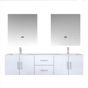 Geneva 72" Glossy White, Dark Grey or Navy Blue Double Vanity, available with White Carrara Marble Top, White Square Sink, 30" LED Mirror and Faucet - The Bath Vanities