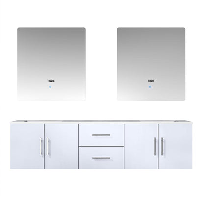 Geneva 72" Glossy White, Dark Grey or Navy Blue Double Vanity, available with White Carrara Marble Top, White Square Sink, 30" LED Mirror and Faucet - The Bath Vanities