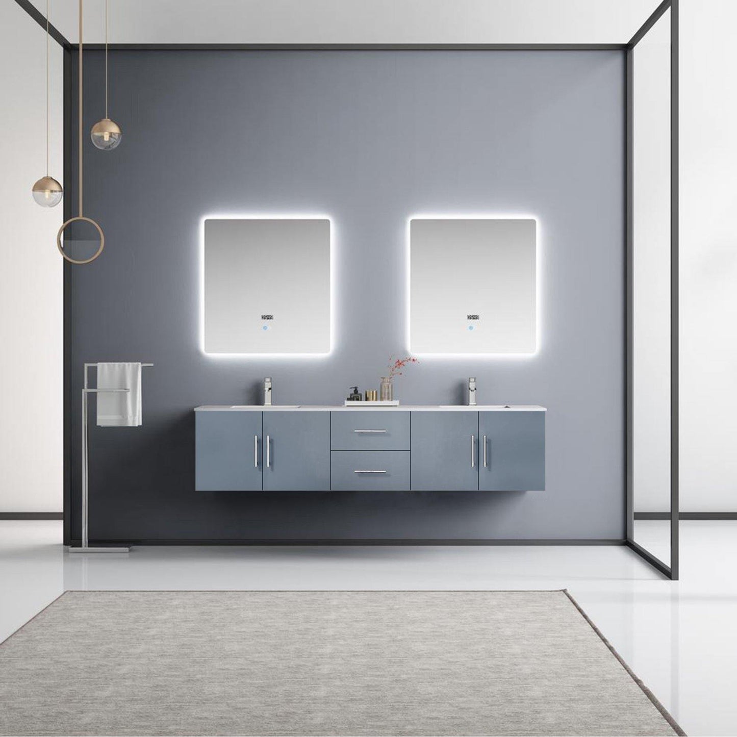 Geneva 80" Glossy White, Dark Grey or Navy Blue Double Vanity, available with White Carrara Marble Top, White Square Sink, 30" LED Mirror and Faucet - The Bath Vanities