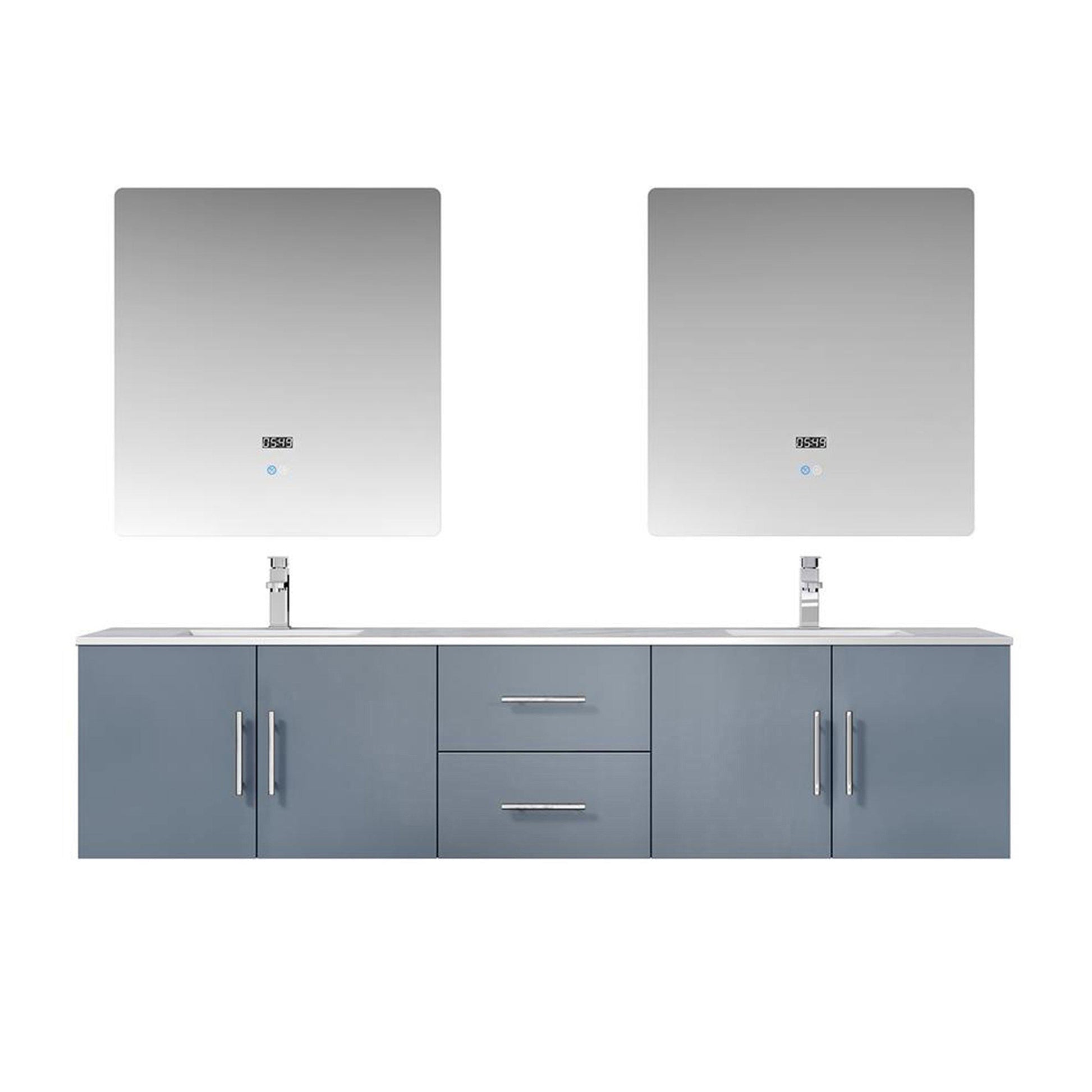 Geneva 80" Glossy White, Dark Grey or Navy Blue Double Vanity, available with White Carrara Marble Top, White Square Sink, 30" LED Mirror and Faucet - The Bath Vanities