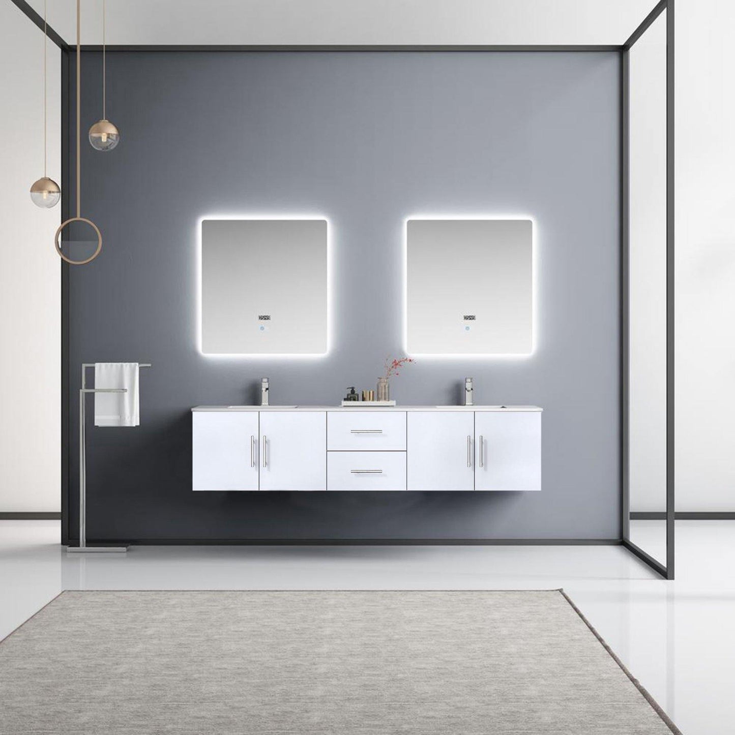 Geneva 80" Glossy White, Dark Grey or Navy Blue Double Vanity, available with White Carrara Marble Top, White Square Sink, 30" LED Mirror and Faucet - The Bath Vanities