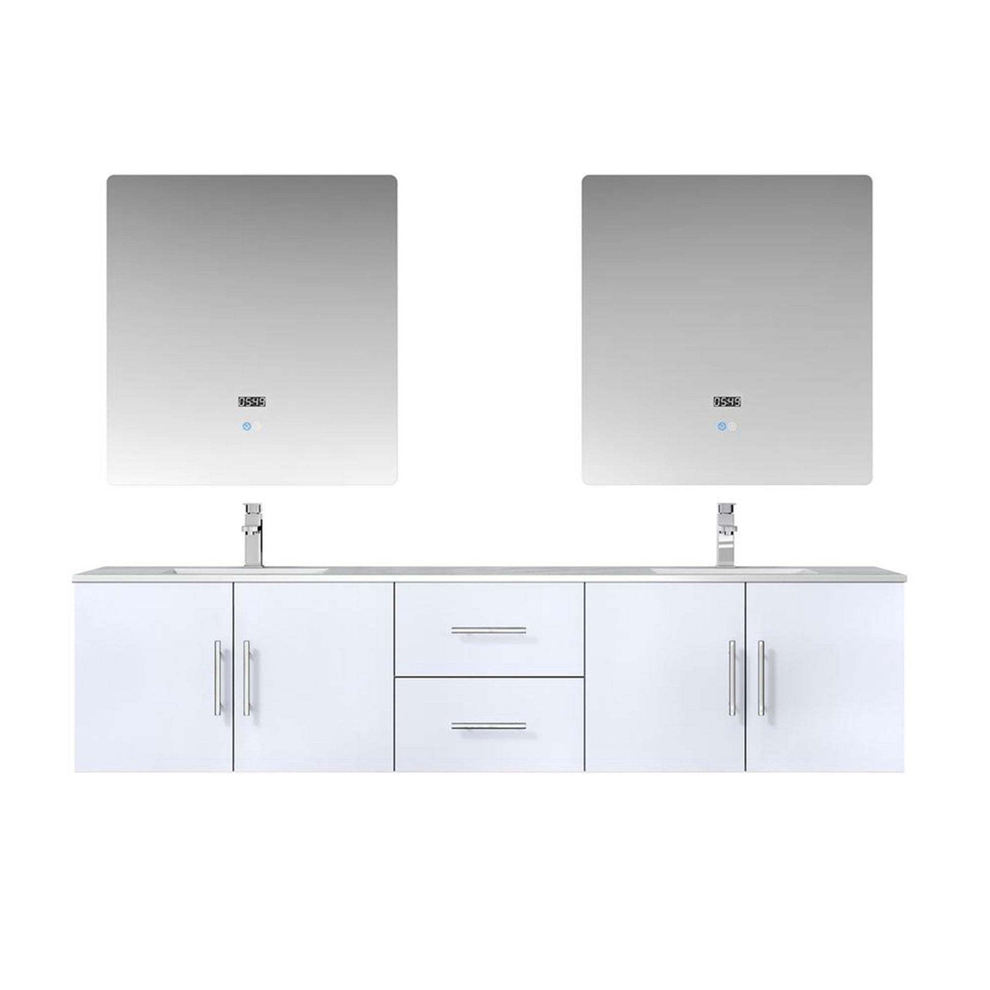 Geneva 80" Glossy White, Dark Grey or Navy Blue Double Vanity, available with White Carrara Marble Top, White Square Sink, 30" LED Mirror and Faucet - The Bath Vanities