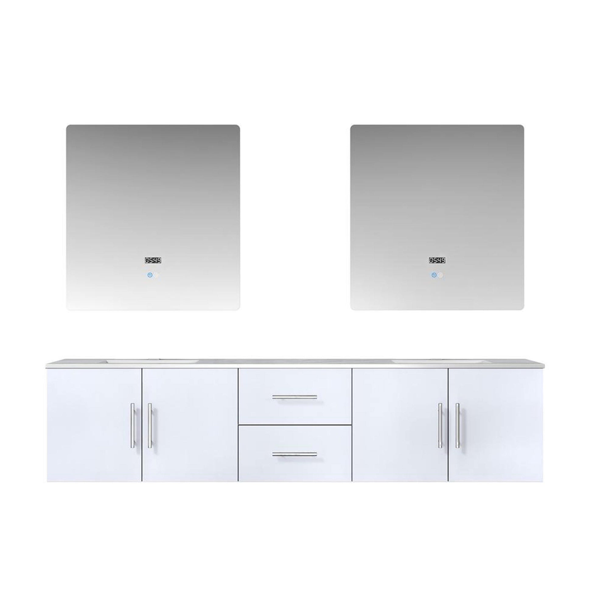 Geneva 80" Glossy White, Dark Grey or Navy Blue Double Vanity, available with White Carrara Marble Top, White Square Sink, 30" LED Mirror and Faucet - The Bath Vanities