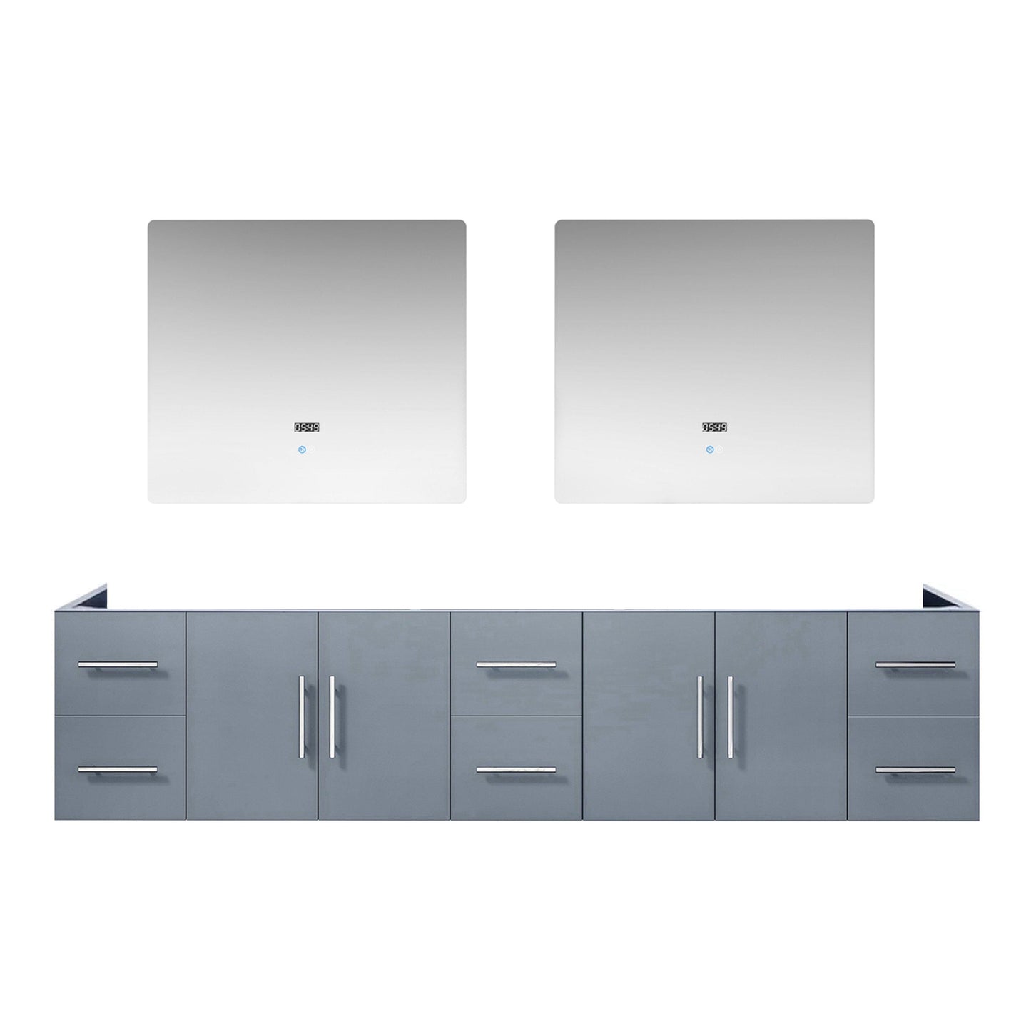 Geneva 84" Glossy White, Dark Grey or Navy Blue Double Vanity, available with White Carrara Marble Top, White Square Sink, 36" LED Mirror and Faucet - The Bath Vanities