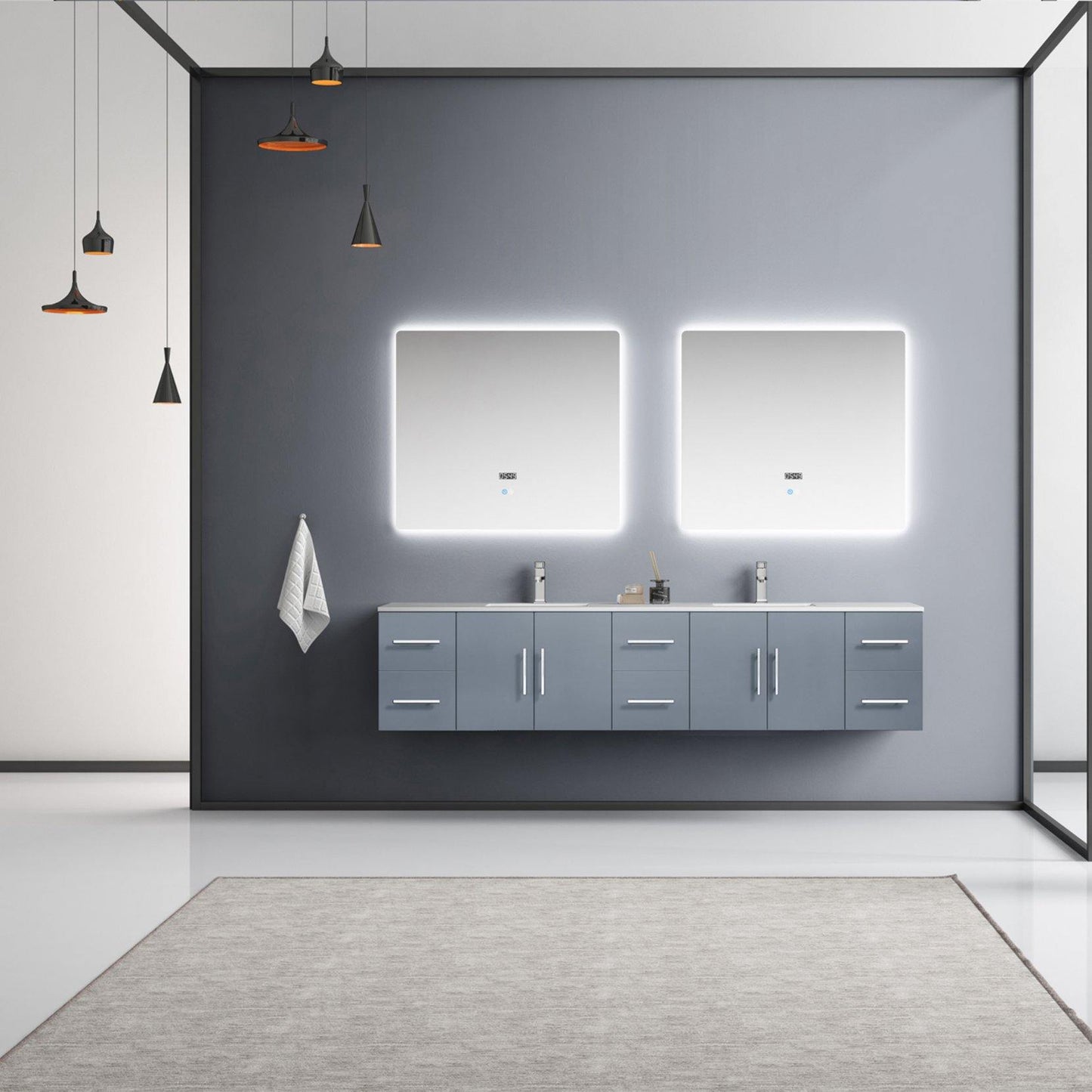 Geneva 84" Glossy White, Dark Grey or Navy Blue Double Vanity, available with White Carrara Marble Top, White Square Sink, 36" LED Mirror and Faucet - The Bath Vanities