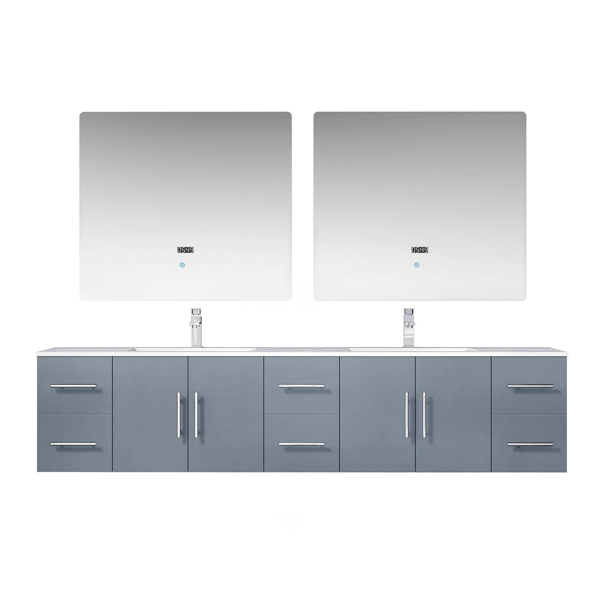 Geneva 84" Glossy White, Dark Grey or Navy Blue Double Vanity, available with White Carrara Marble Top, White Square Sink, 36" LED Mirror and Faucet - The Bath Vanities