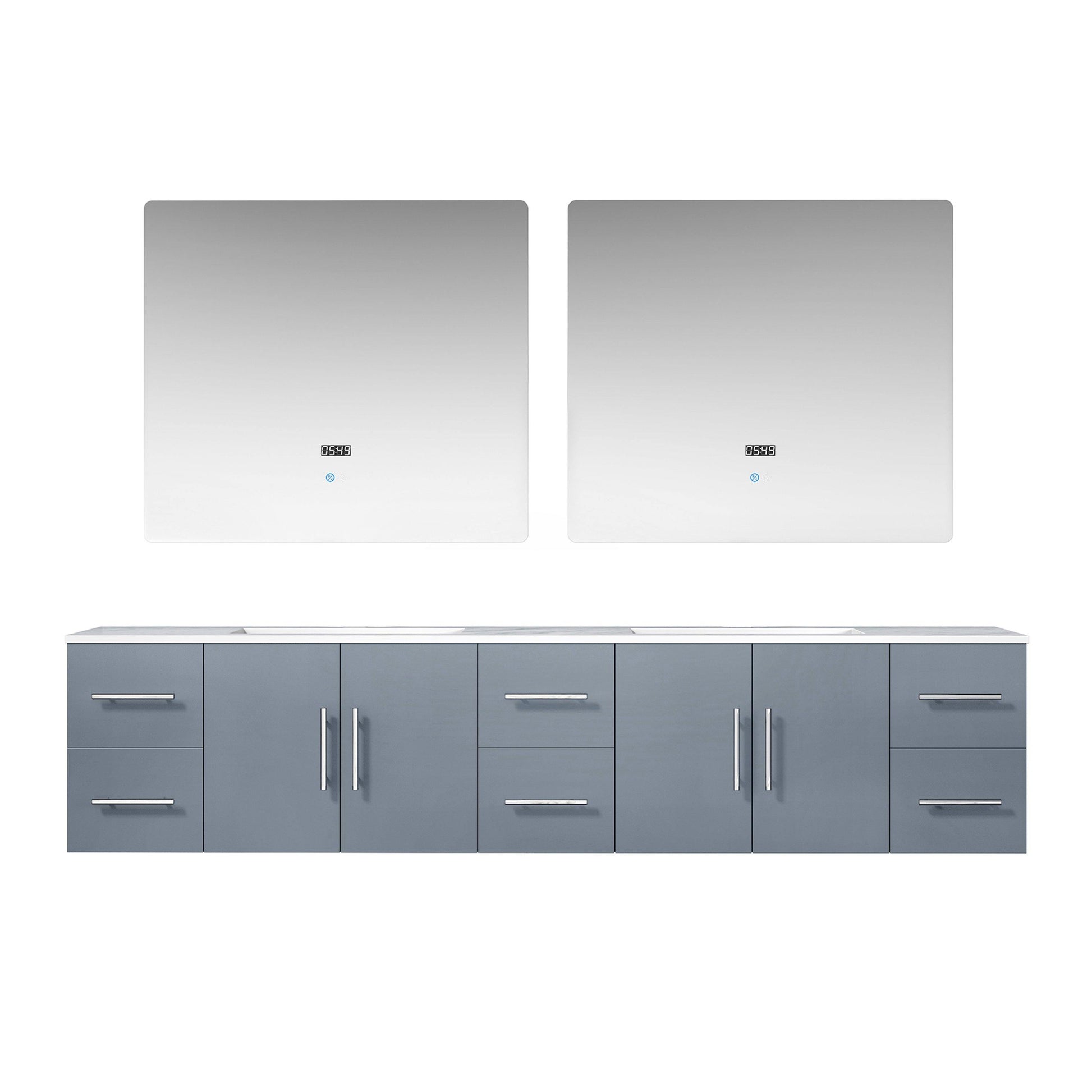 Geneva 84" Glossy White, Dark Grey or Navy Blue Double Vanity, available with White Carrara Marble Top, White Square Sink, 36" LED Mirror and Faucet - The Bath Vanities