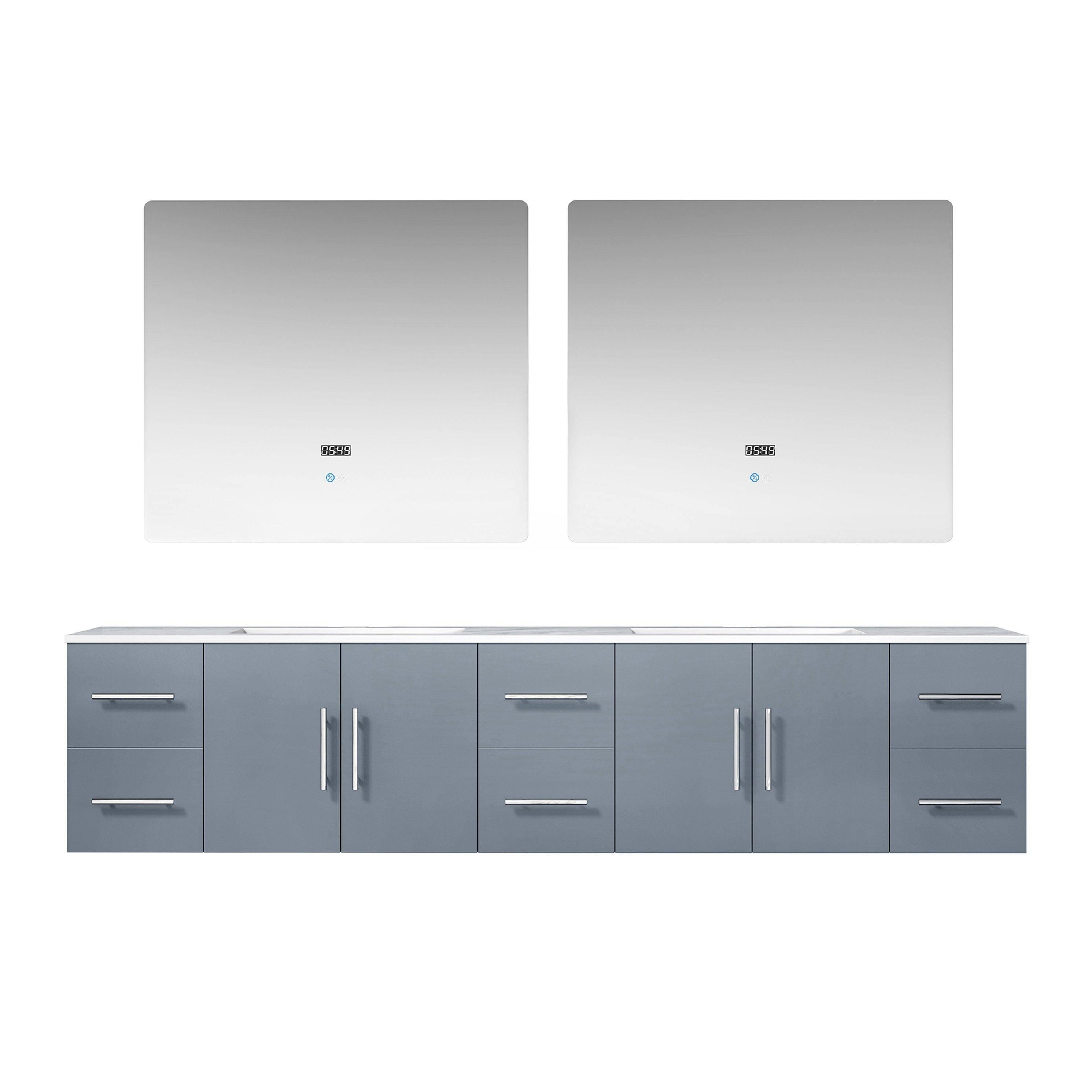 Geneva 84" Glossy White, Dark Grey or Navy Blue Double Vanity, available with White Carrara Marble Top, White Square Sink, 36" LED Mirror and Faucet - The Bath Vanities