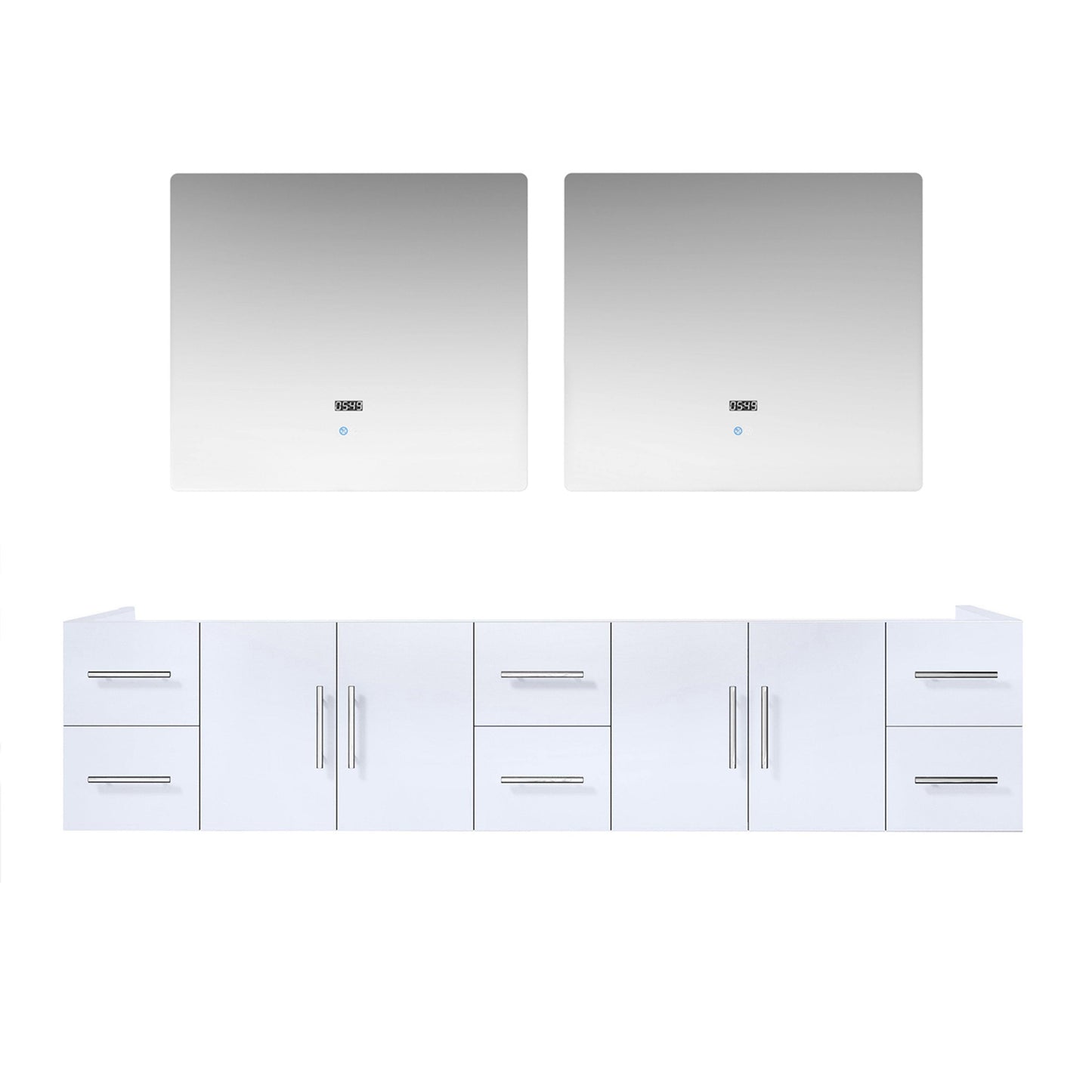 Geneva 84" Glossy White, Dark Grey or Navy Blue Double Vanity, available with White Carrara Marble Top, White Square Sink, 36" LED Mirror and Faucet - The Bath Vanities