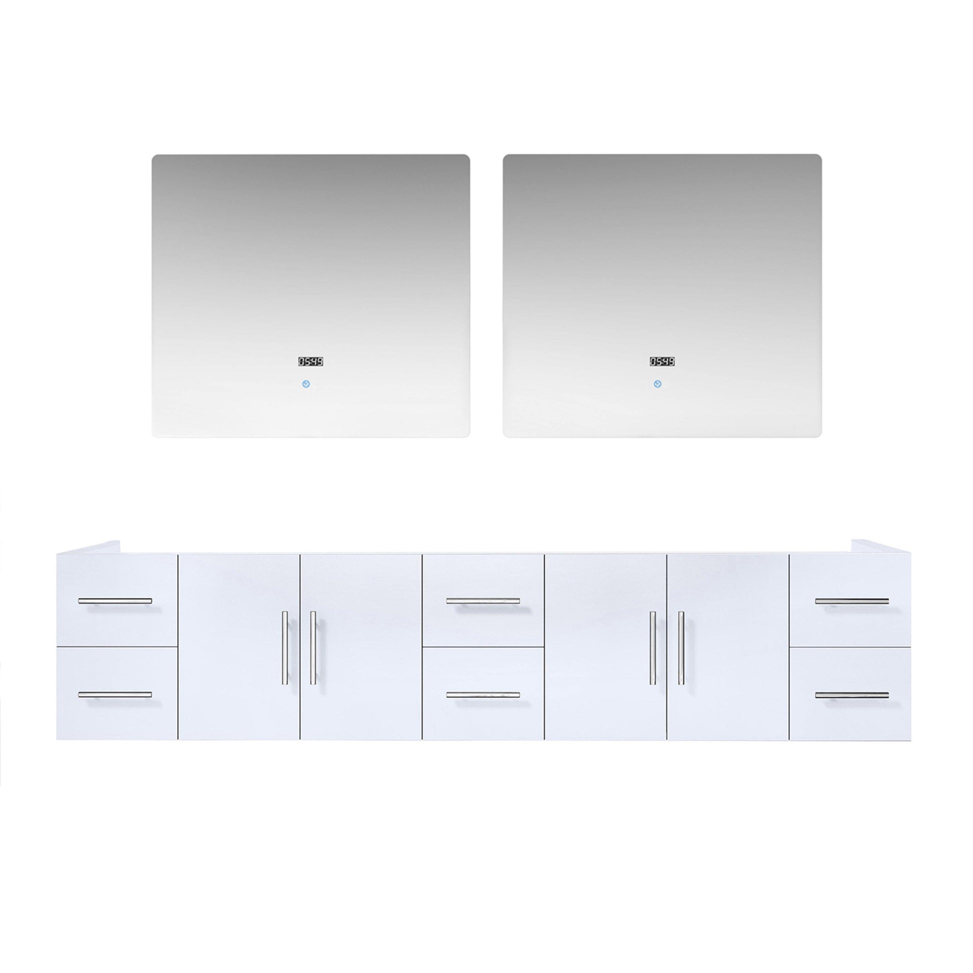 Geneva 84" Glossy White, Dark Grey or Navy Blue Double Vanity, available with White Carrara Marble Top, White Square Sink, 36" LED Mirror and Faucet - The Bath Vanities