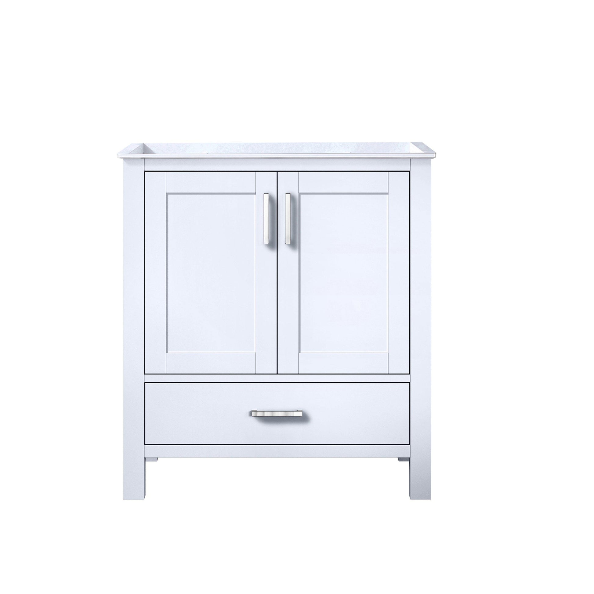 Jacques 30" White, Dark Grey, Distressed Grey Single Vanity, Available with White Carrara Marble Top, White Square Sink, 28" Mirror and Faucet - The Bath Vanities