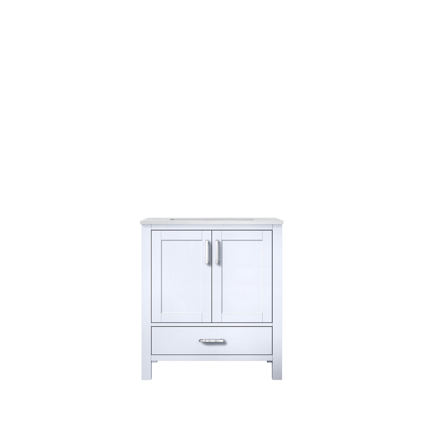 Jacques 30" White, Dark Grey, Distressed Grey Single Vanity, Available with White Carrara Marble Top, White Square Sink, 28" Mirror and Faucet - The Bath Vanities