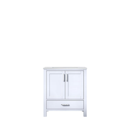 Jacques 30" White, Dark Grey, Distressed Grey Single Vanity, Available with White Carrara Marble Top, White Square Sink, 28" Mirror and Faucet - The Bath Vanities