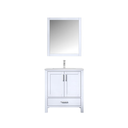 Jacques 30" White, Dark Grey, Distressed Grey Single Vanity, Available with White Carrara Marble Top, White Square Sink, 28" Mirror and Faucet - The Bath Vanities