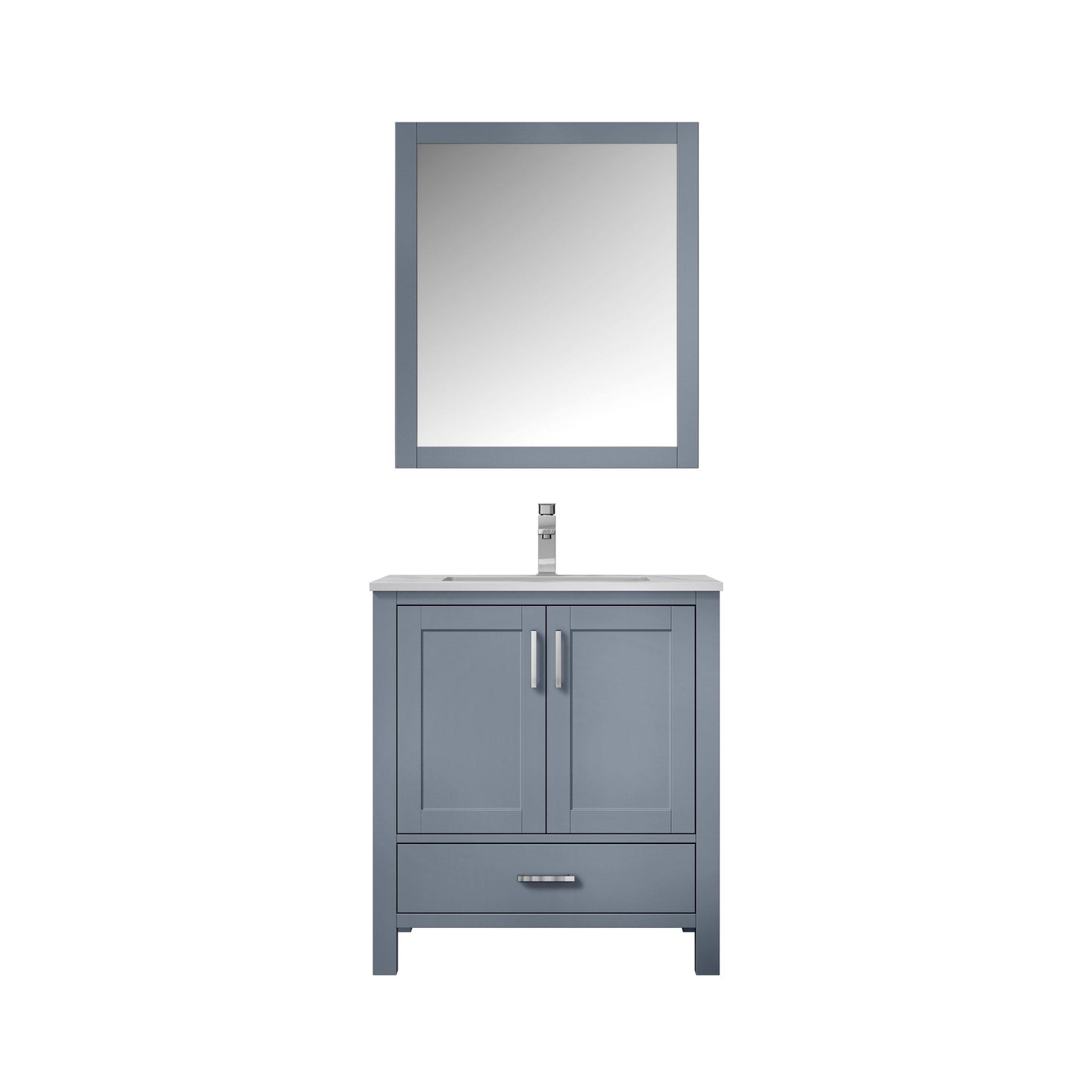 Jacques 30" White, Dark Grey, Distressed Grey Single Vanity, Available with White Carrara Marble Top, White Square Sink, 28" Mirror and Faucet - The Bath Vanities