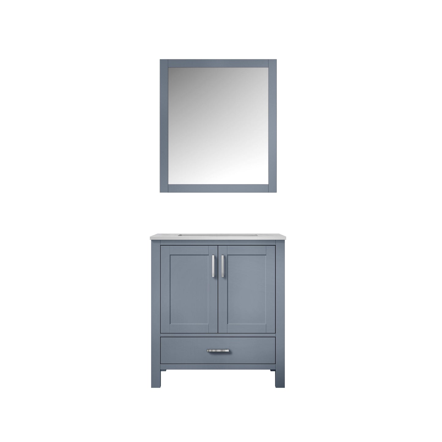 Jacques 30" White, Dark Grey, Distressed Grey Single Vanity, Available with White Carrara Marble Top, White Square Sink, 28" Mirror and Faucet - The Bath Vanities