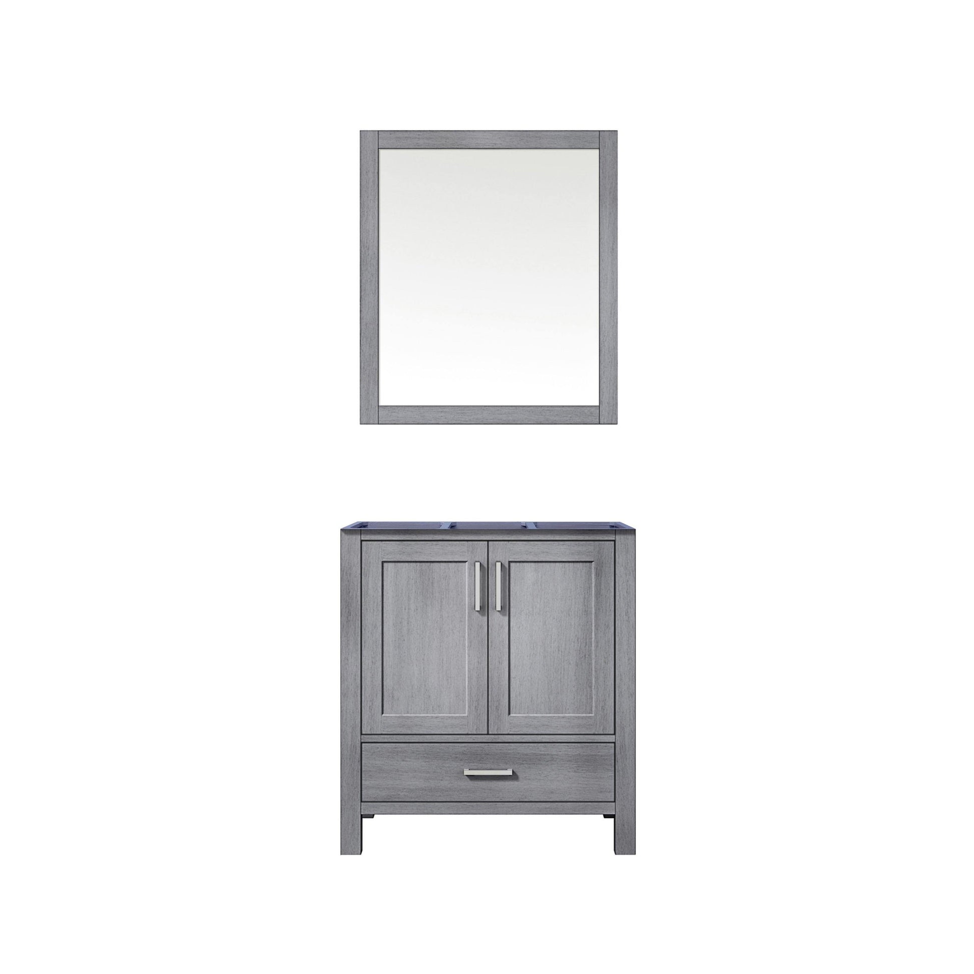 Jacques 30" White, Dark Grey, Distressed Grey Single Vanity, Available with White Carrara Marble Top, White Square Sink, 28" Mirror and Faucet - The Bath Vanities