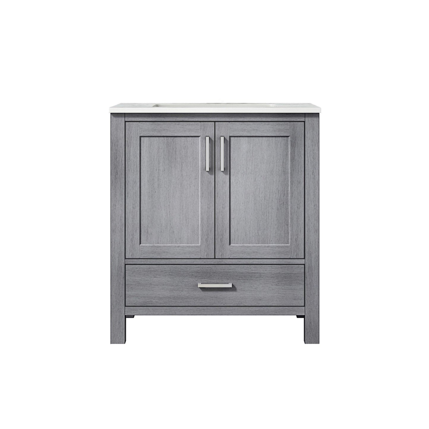 Jacques 30" White, Dark Grey, Distressed Grey Single Vanity, Available with White Carrara Marble Top, White Square Sink, 28" Mirror and Faucet - The Bath Vanities