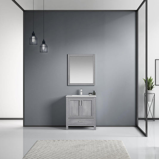 Jacques 30" White, Dark Grey, Distressed Grey Single Vanity, Available with White Carrara Marble Top, White Square Sink, 28" Mirror and Faucet - The Bath Vanities