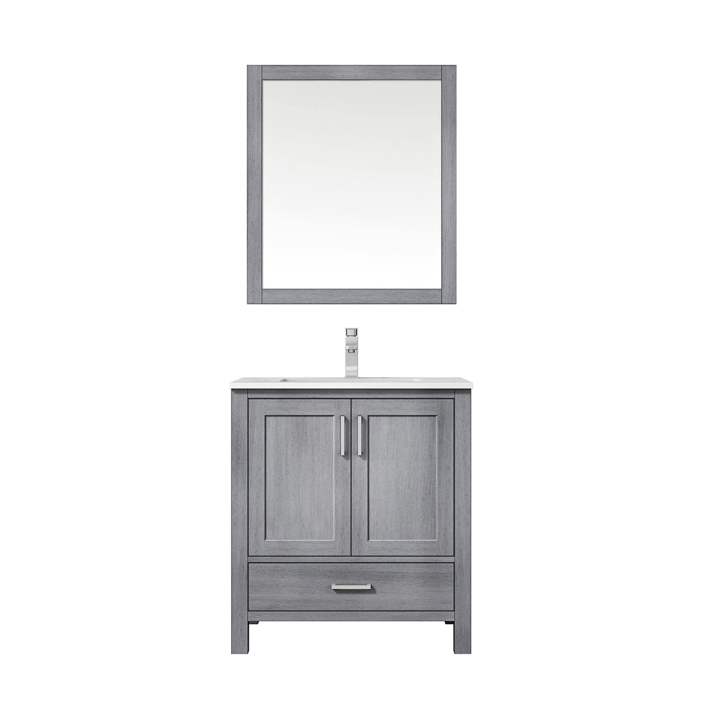 Jacques 30" White, Dark Grey, Distressed Grey Single Vanity, Available with White Carrara Marble Top, White Square Sink, 28" Mirror and Faucet - The Bath Vanities