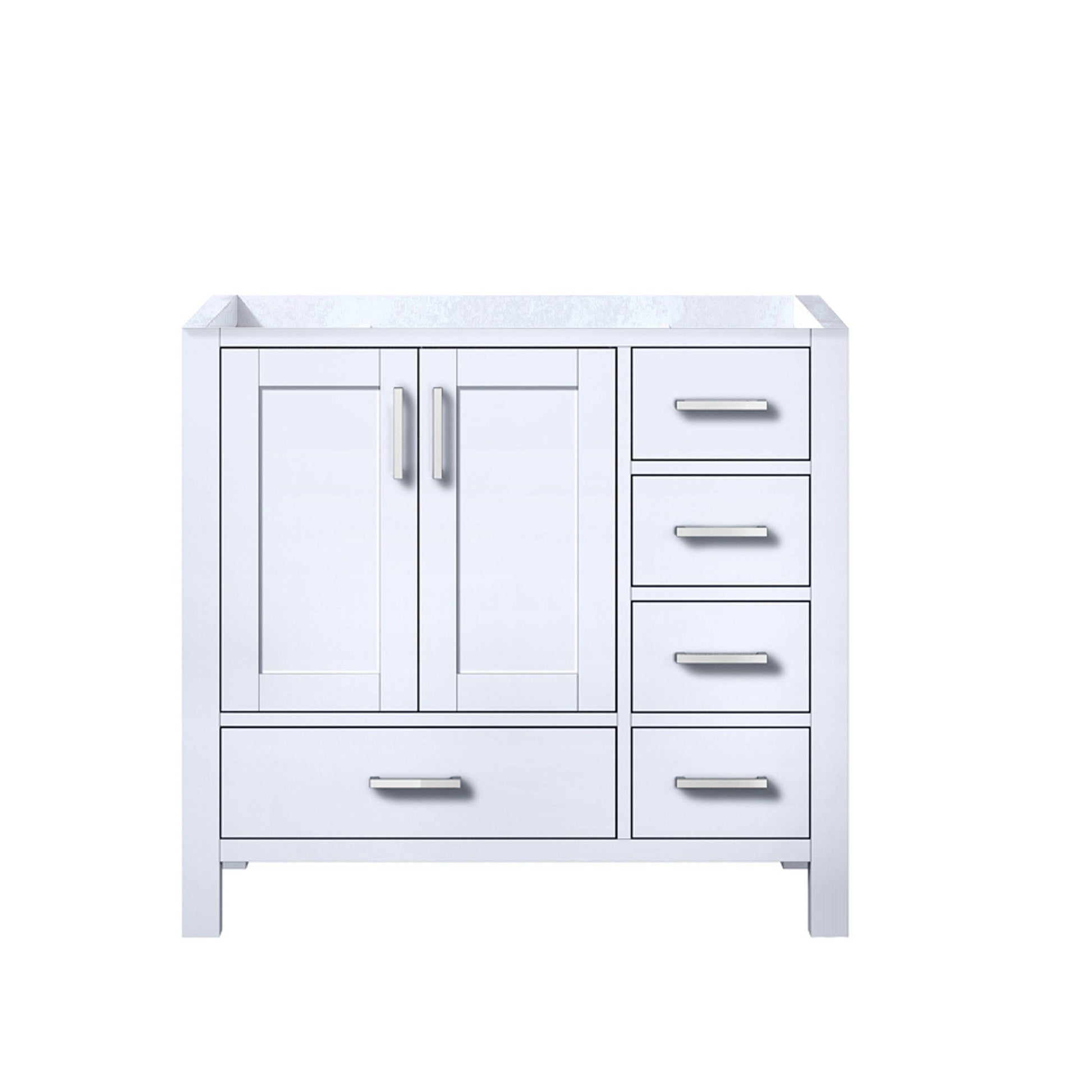 Jacques 36" White, Dark Grey, Distressed Grey, Navy Blue Single Vanity, Available with White Carrara Marble Top, White Square Sink and 34" Mirror and Faucet-Left Version - The Bath Vanities