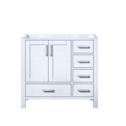 Jacques 36" White, Dark Grey, Distressed Grey, Navy Blue Single Vanity, Available with White Carrara Marble Top, White Square Sink and 34" Mirror and Faucet-Left Version - The Bath Vanities