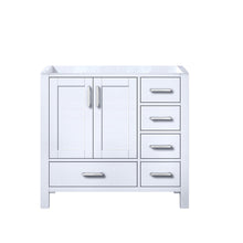 Load image into Gallery viewer, Jacques 36&quot; White, Dark Grey, Distressed Grey, Navy Blue Single Vanity, Available with White Carrara Marble Top, White Square Sink and 34&quot; Mirror and Faucet-Left Version - The Bath Vanities