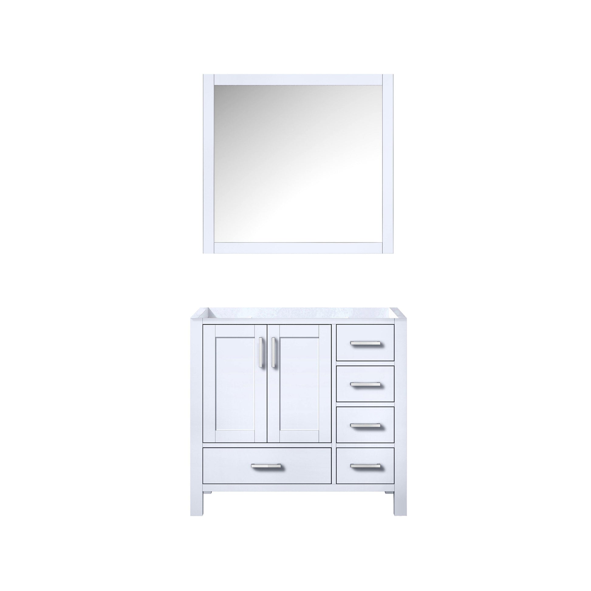 Jacques 36" White, Dark Grey, Distressed Grey, Navy Blue Single Vanity, Available with White Carrara Marble Top, White Square Sink and 34" Mirror and Faucet-Left Version - The Bath Vanities