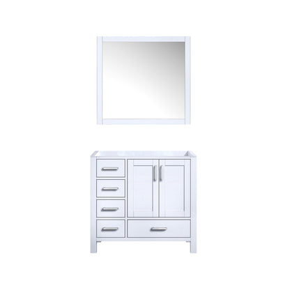 Jacques 36" White, Dark Grey, Distressed Grey, Navy Blue Single Vanity, Available with White Carrara Marble Top, White Square Sink and 34" Mirror and Faucet-Right Version - The Bath Vanities