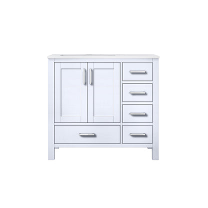 Jacques 36" White, Dark Grey, Distressed Grey, Navy Blue Single Vanity, Available with White Carrara Marble Top, White Square Sink and 34" Mirror and Faucet-Left Version - The Bath Vanities