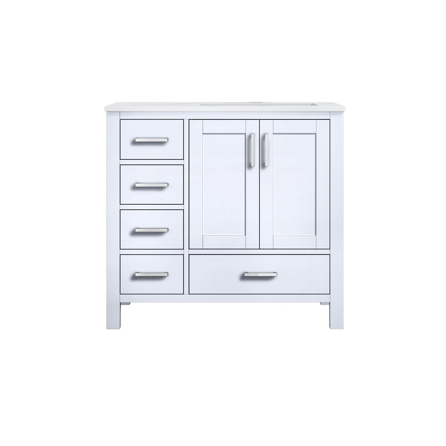 Jacques 36" White, Dark Grey, Distressed Grey, Navy Blue Single Vanity, Available with White Carrara Marble Top, White Square Sink and 34" Mirror and Faucet-Right Version - The Bath Vanities