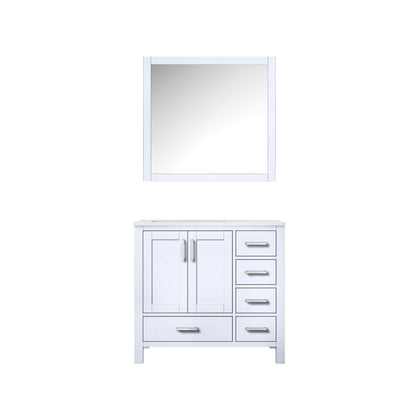 Jacques 36" White, Dark Grey, Distressed Grey, Navy Blue Single Vanity, Available with White Carrara Marble Top, White Square Sink and 34" Mirror and Faucet-Left Version - The Bath Vanities