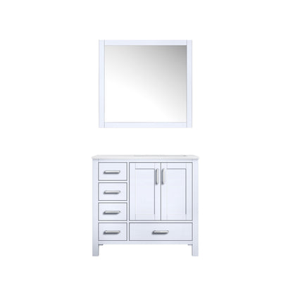 Jacques 36" White, Dark Grey, Distressed Grey, Navy Blue Single Vanity, Available with White Carrara Marble Top, White Square Sink and 34" Mirror and Faucet-Right Version - The Bath Vanities