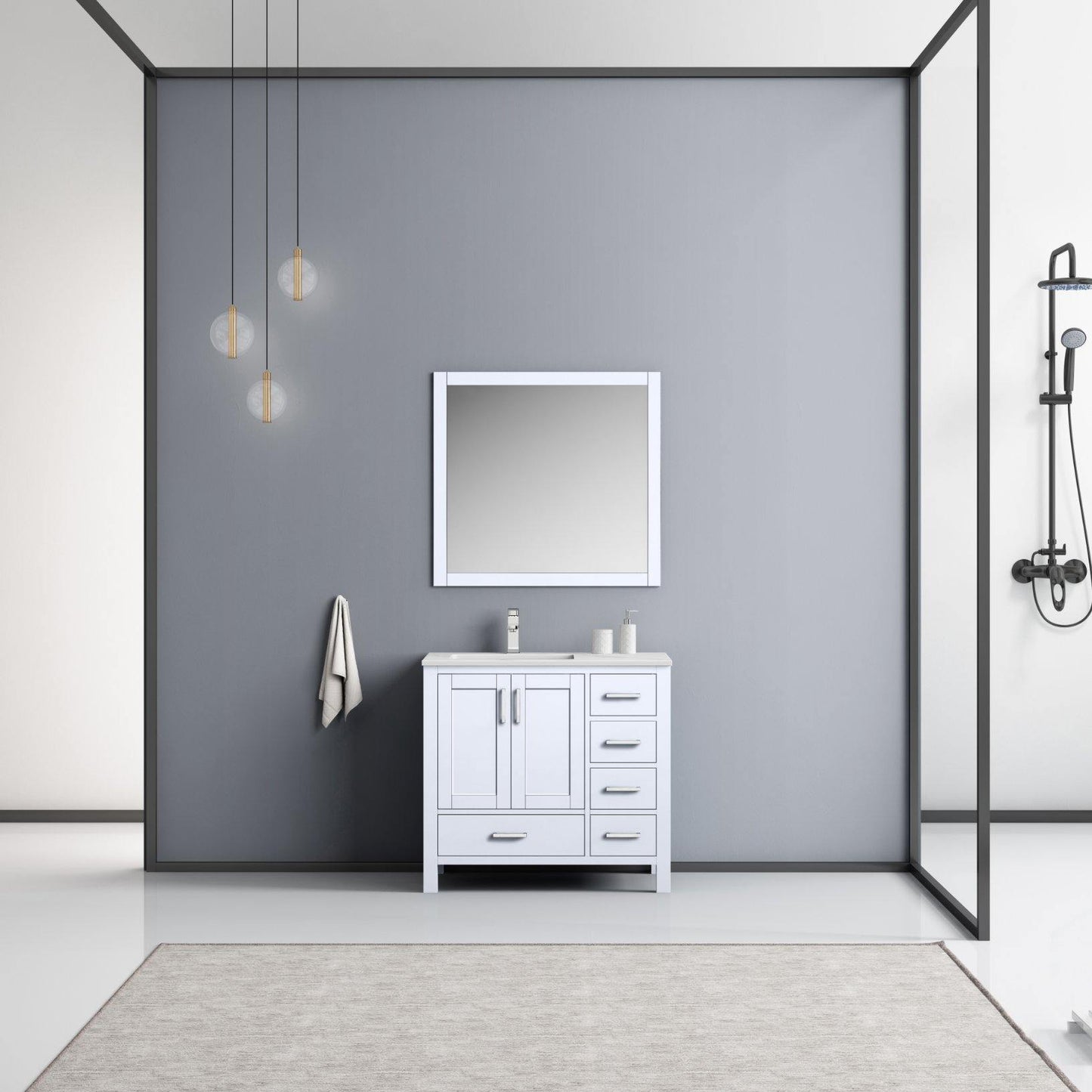 Jacques 36" White, Dark Grey, Distressed Grey, Navy Blue Single Vanity, Available with White Carrara Marble Top, White Square Sink and 34" Mirror and Faucet-Left Version - The Bath Vanities