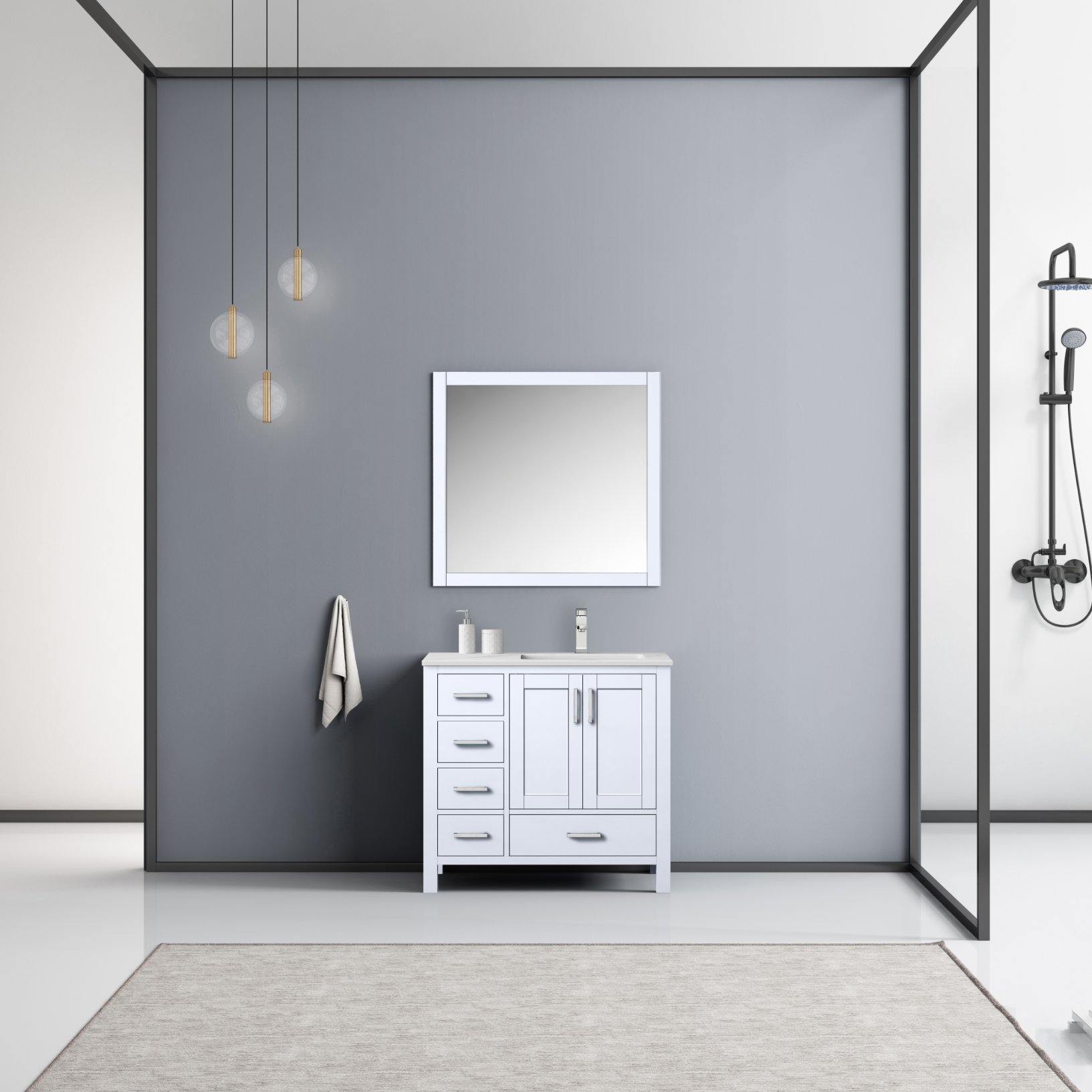 Jacques 36" White, Dark Grey, Distressed Grey, Navy Blue Single Vanity, Available with White Carrara Marble Top, White Square Sink and 34" Mirror and Faucet-Right Version - The Bath Vanities